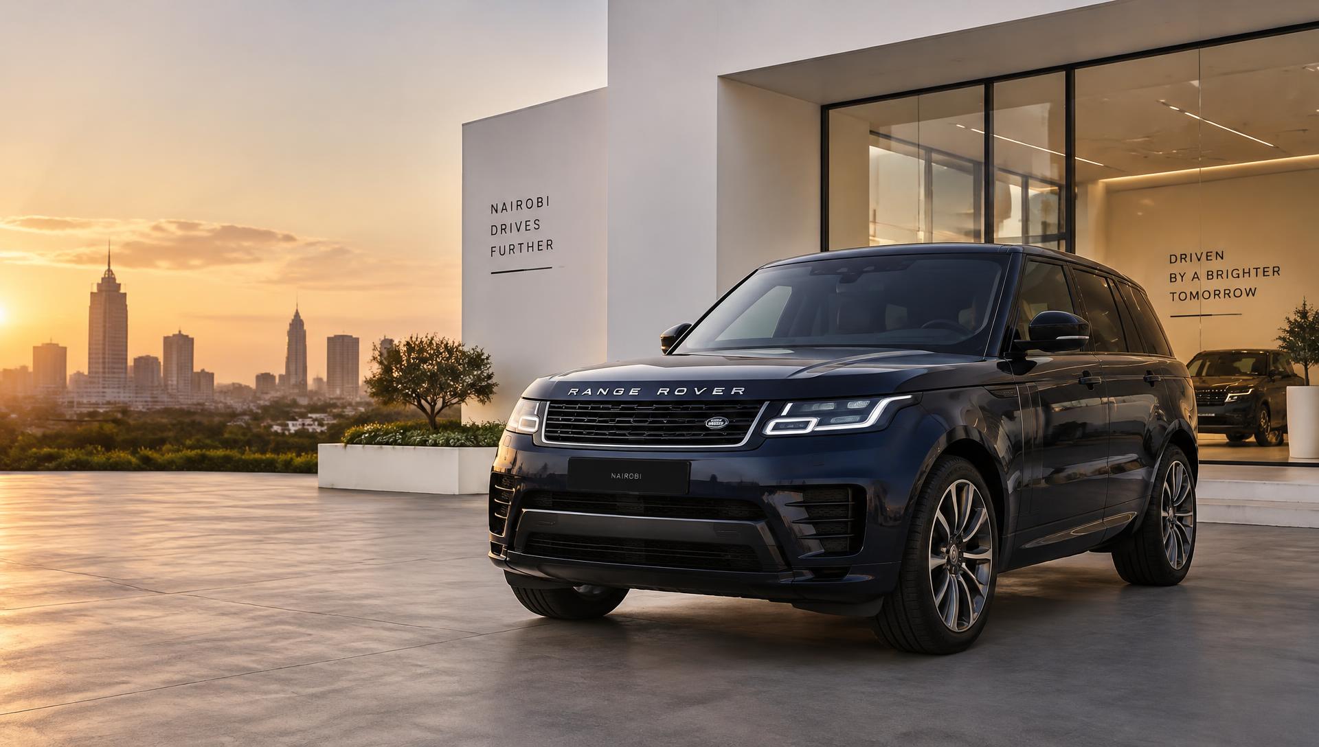 Dark navy SUV parked outside a modern showroom at sunset